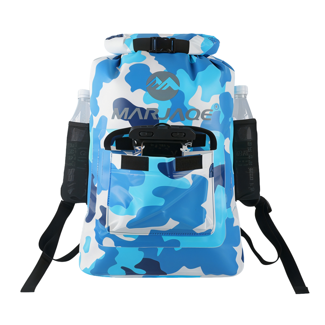 Sac à dos Marjaqe camouflage bleu et blanc, étanche, avec bretelles noires