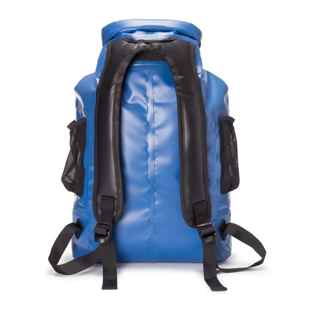 Sac à dos waterproof bleu Marjaqe avec sangles noires et poches latérales en maille