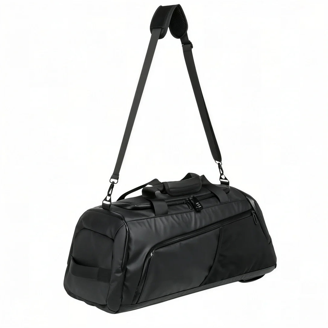 Sac à dos de sport noir avec roues, sangle réglable et compartiment chaussures