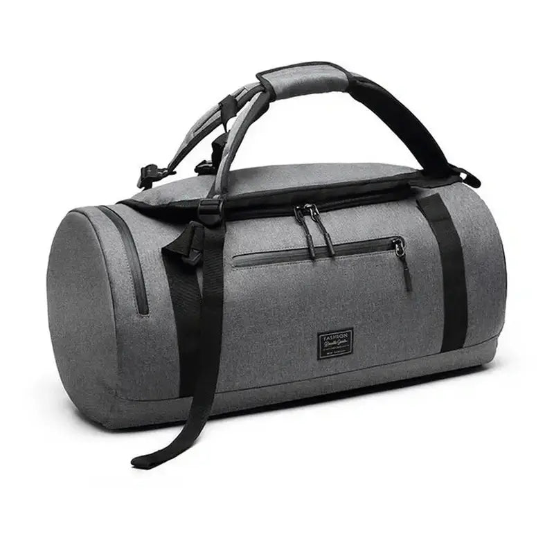 Sac à dos de sport gris cylindrique avec bretelles noires et fermetures éclair