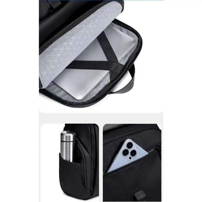 Sac à dos de travail femme noir avec plusieurs compartiments pour ordinateur, bouteille et téléphone