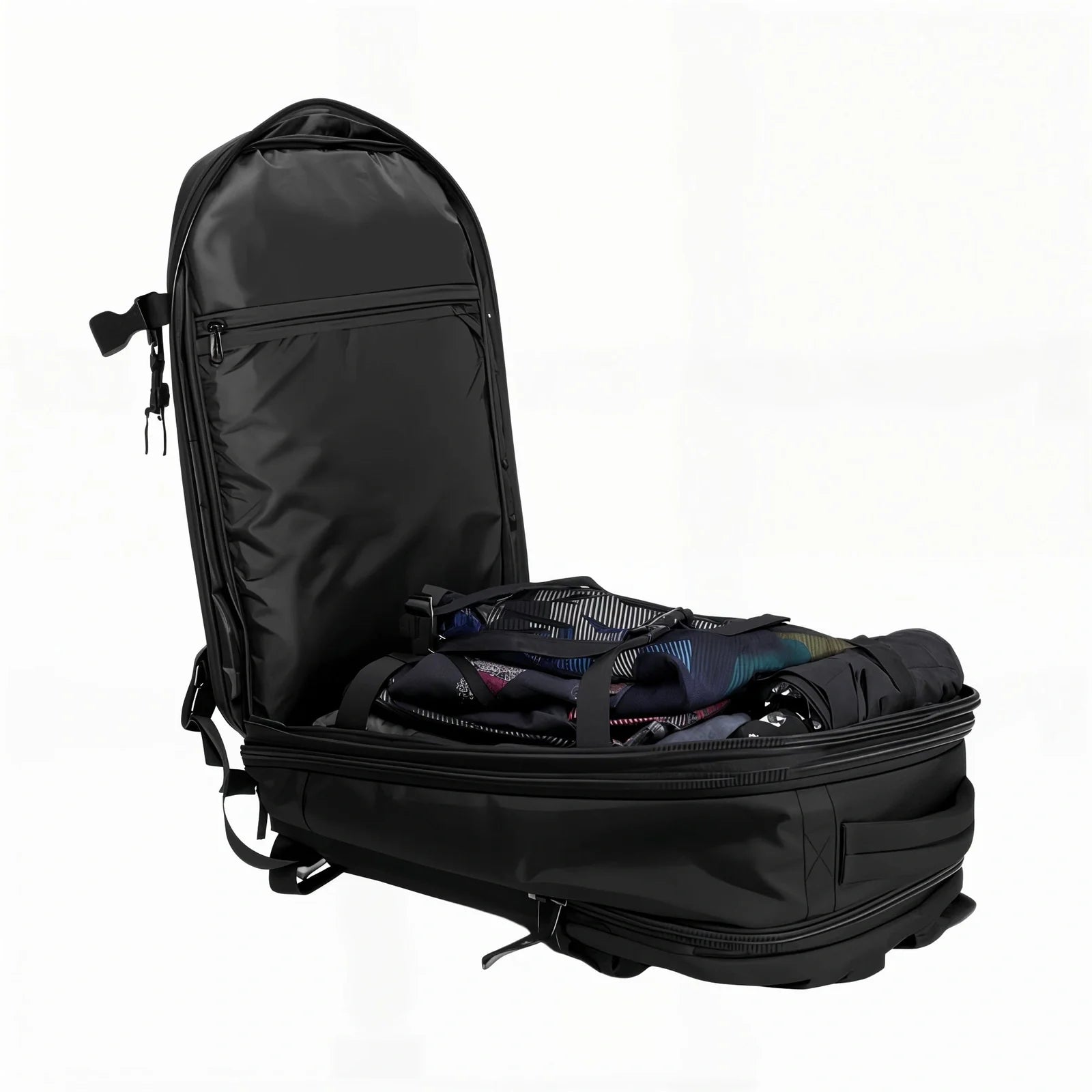Sac à dos de voyage extensible 17 pouces ouvert avec vêtements et accessoires à l’intérieur