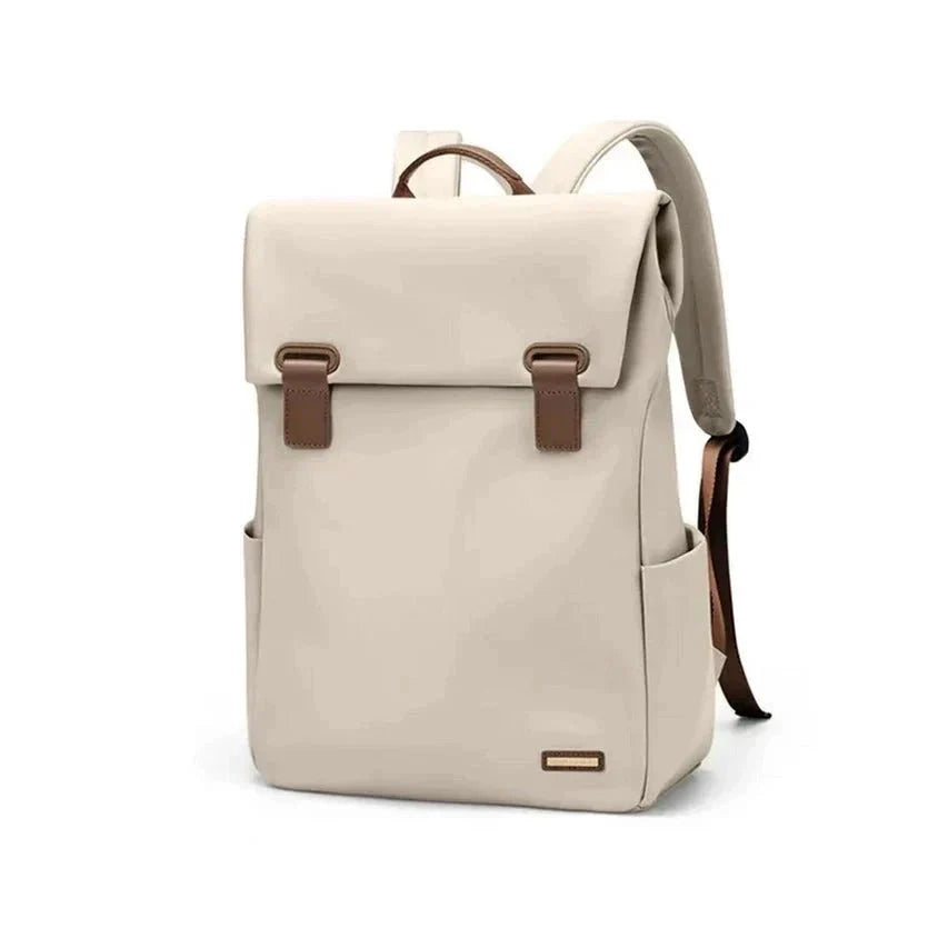 Sac à dos déperlant femme beige clair avec bretelles et boucles en brun