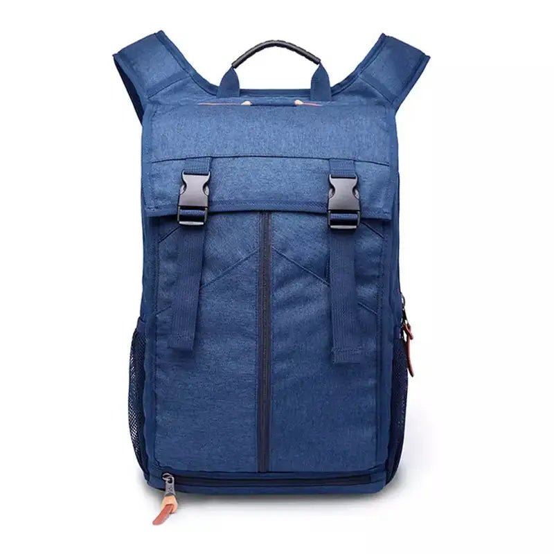 Sac à dos design bleu marine avec poignée supérieure, deux boucles frontales et fermeture éclair verticale