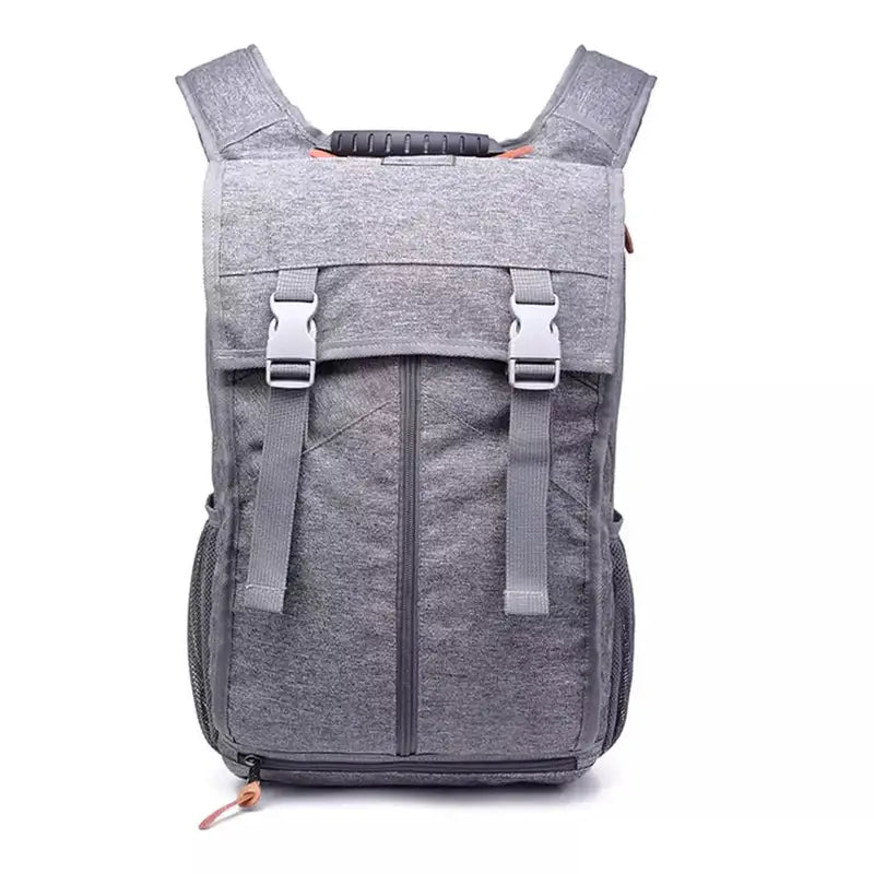 Sac à dos design en tissu gris avec boucles blanches et poignée supérieure