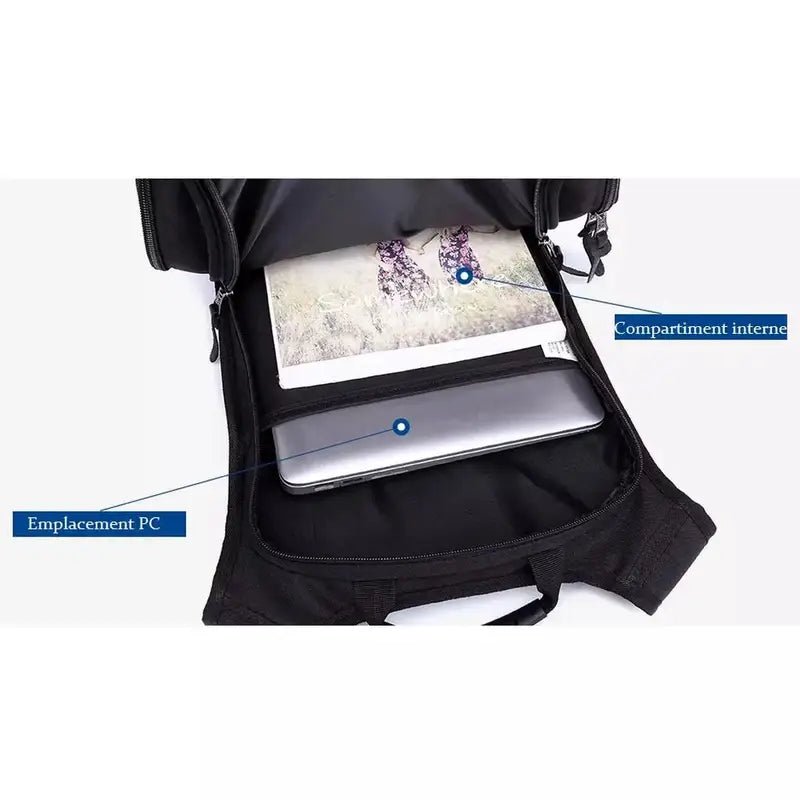 Sac à dos design noir ouvert avec un ordinateur portable et un livre à l’intérieur