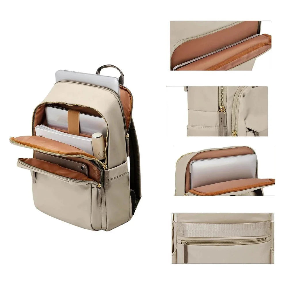 Sac à dos d’université femme beige avec plusieurs compartiments pour électronique