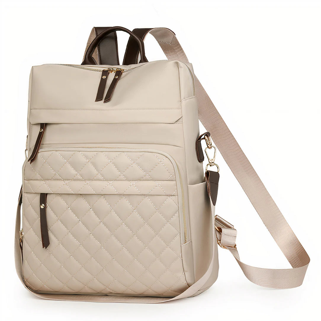 Sac à dos effet matelassé beige avec hardware doré et bandoulière en crossbody