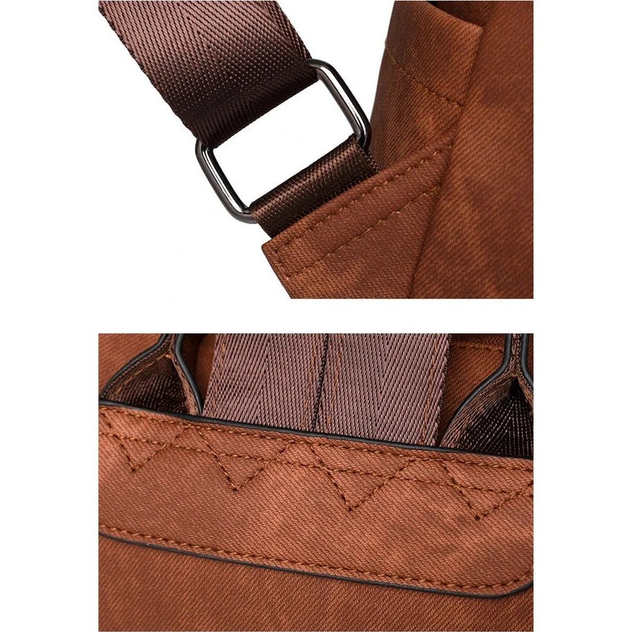 Vue rapprochée d’un sac à dos en cuir végétal avec bandoulière réglable et couture décorative