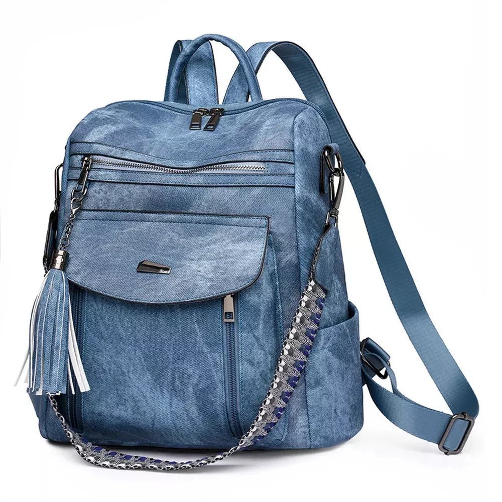 Sac à dos en cuir végétal bleu en faux cuir convertible avec poches et tassel décoratif