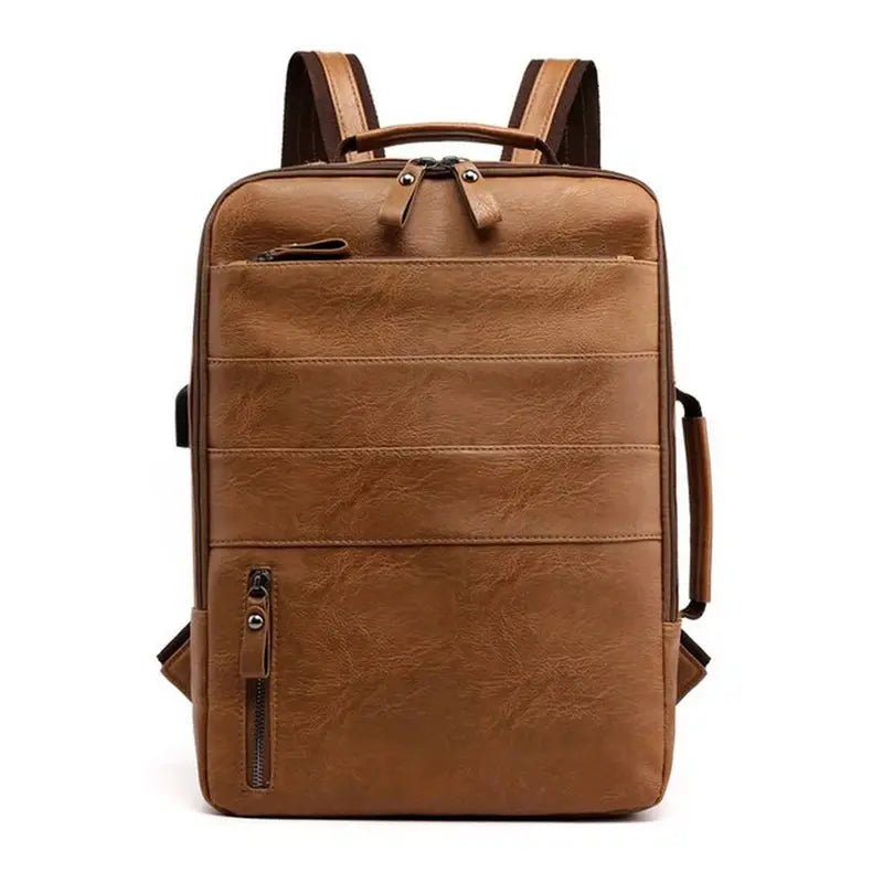 Sac à dos en simili cuir marron avec plusieurs compartiments et poignée supérieure