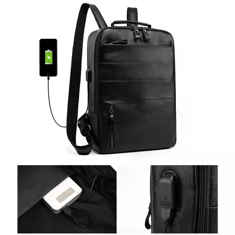 Sac à dos en simili cuir homme avec port de recharge USB externe