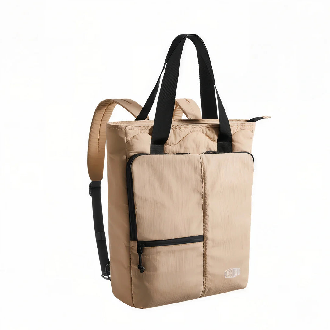 Sac à dos puffer beige avec accents noirs, design minimaliste Bagsmart