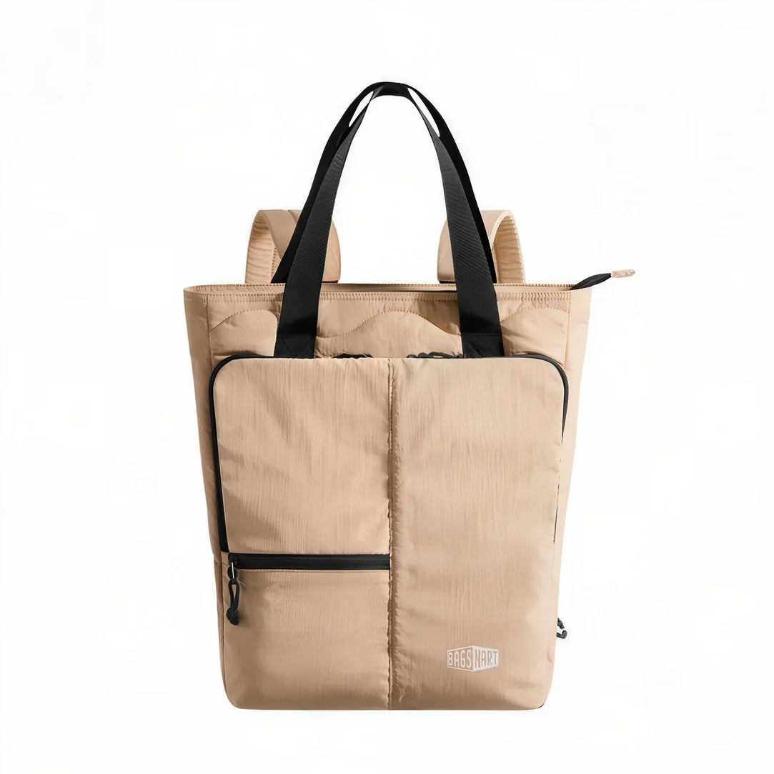 Sac à dos en tissu beige avec accents noirs et détails de zip Bagsmart