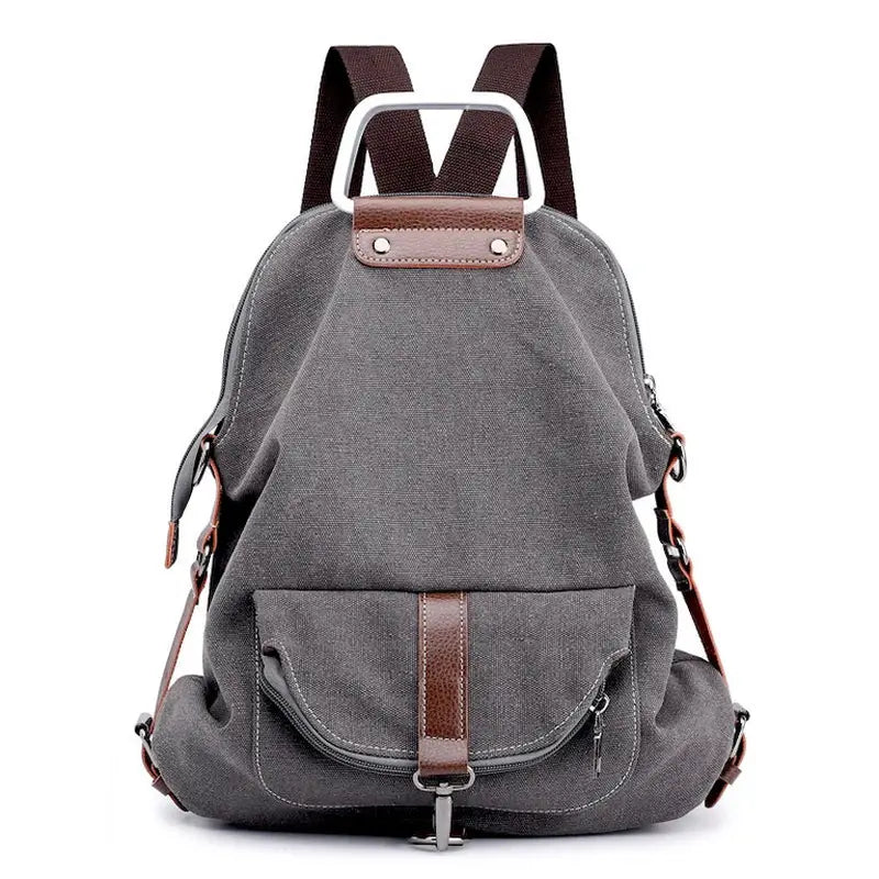 Sac à dos en tissu minimaliste gris foncé avec accents en cuir marron et poche frontale
