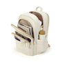 Sac à dos en tissu multi-compartiments beige avec livres et bouteille d’eau