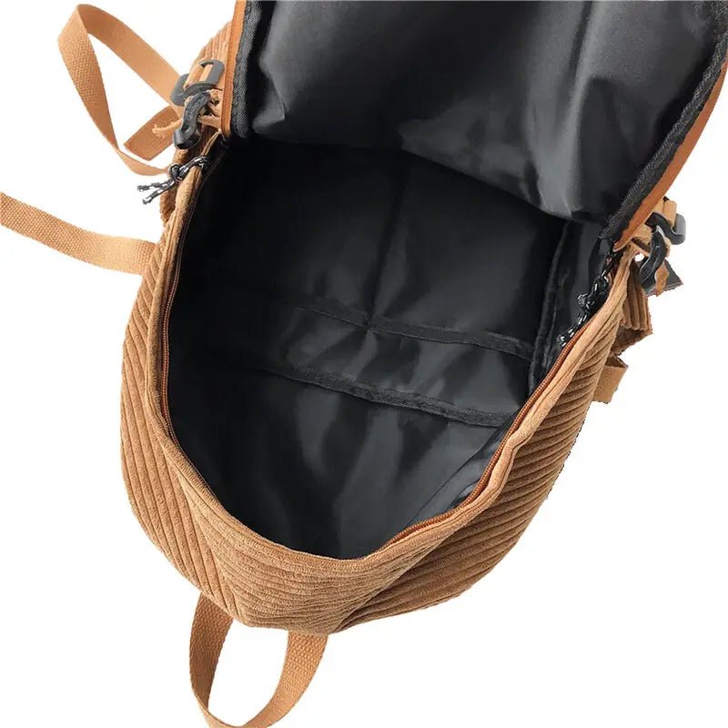 Sac à dos en velours marron en coton côtelé avec doublure noire et poches internes