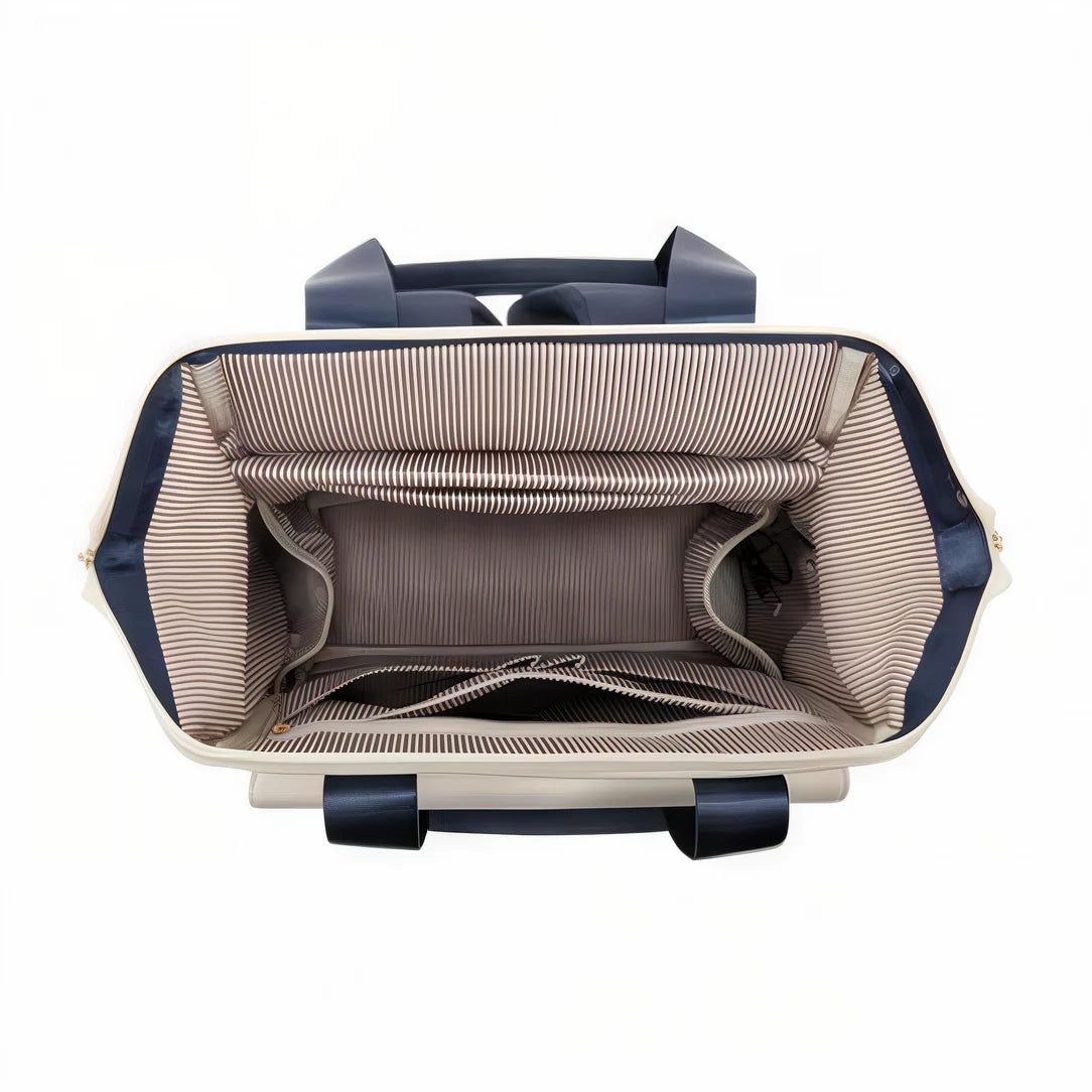 Sac à dos Epine en toile beige et bleu marine avec poignées et garniture noires