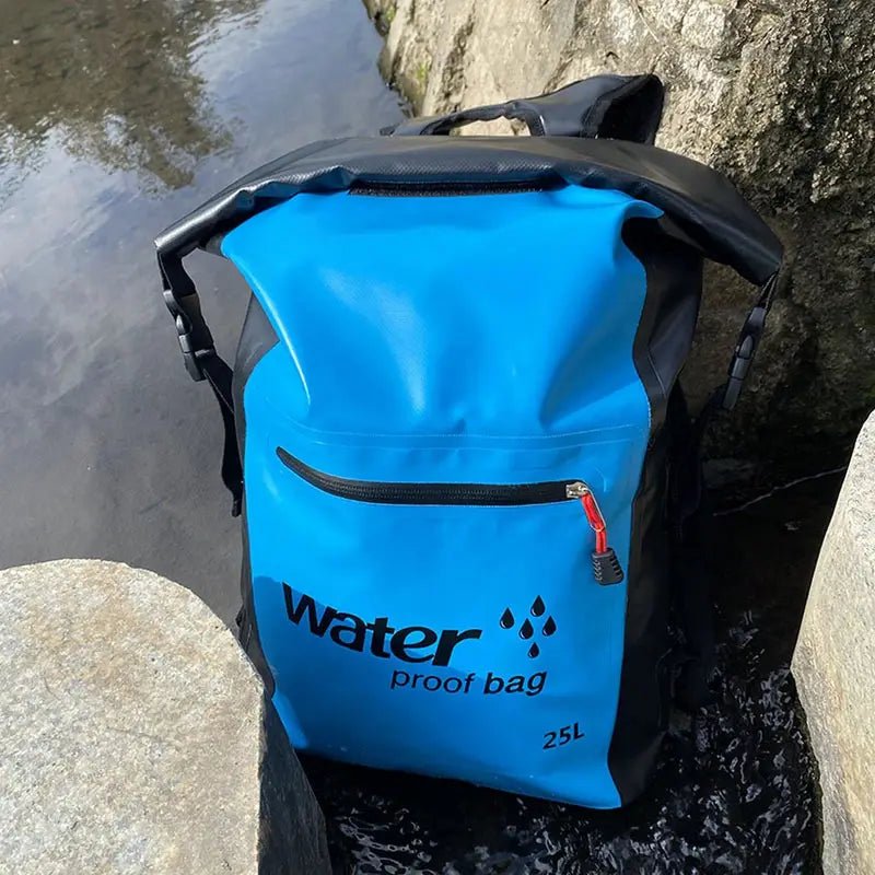 Sac à dos étanche 25l bleu et noir avec rouleau, poche zippée frontale