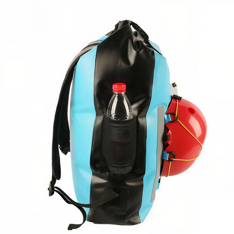 Sac à dos étanche 30L IPX6 Marjaqe bleu clair et noir avec casque rouge et bouteille