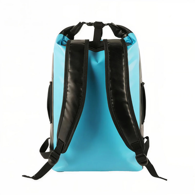 Sac à dos étanche 30L IPX6 Marjaqe bleu clair, dos avec bretelles noires et roll-top