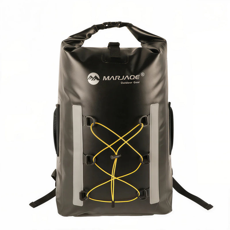 Sac à dos étanche 30L IPX6 Marjaqe noir avec laçage jaune et bandes grises réfléchissantes