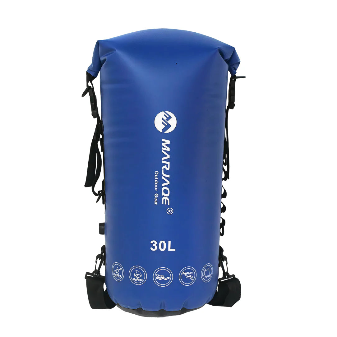 Sac à dos étanche 30L IPX7 flottant bleu avec sangles noires et fermeture roll-top