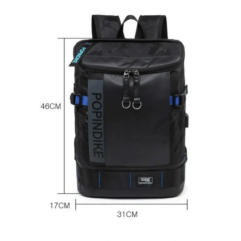 Sac à dos étanche homme noir avec accents bleus et plusieurs compartiments