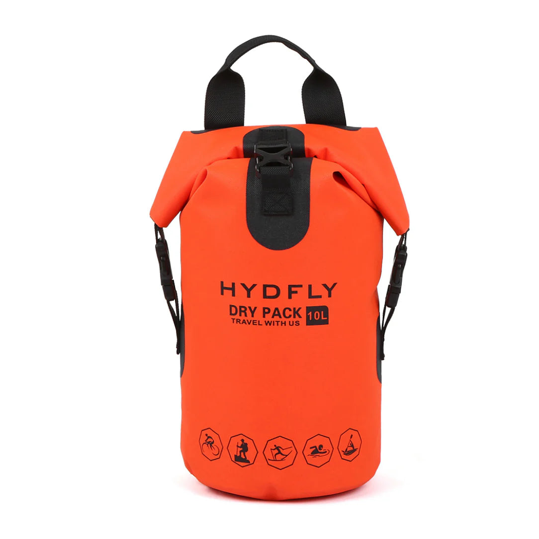 Sac à dos étanche Hydfly 10L orange vif avec fermeture roll-top noire et poignée