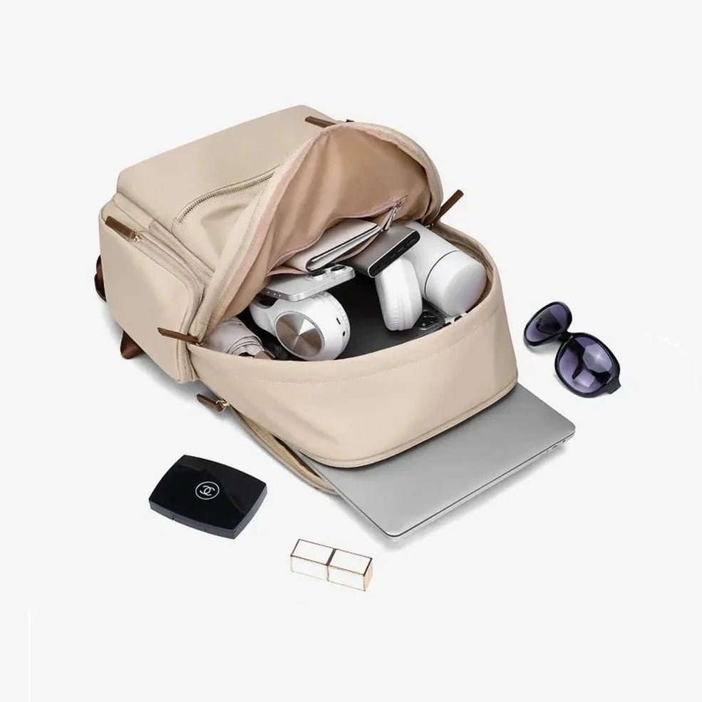 Sac à dos étudiant femme beige avec compartiments, poche pour ordinateur et articles personnels