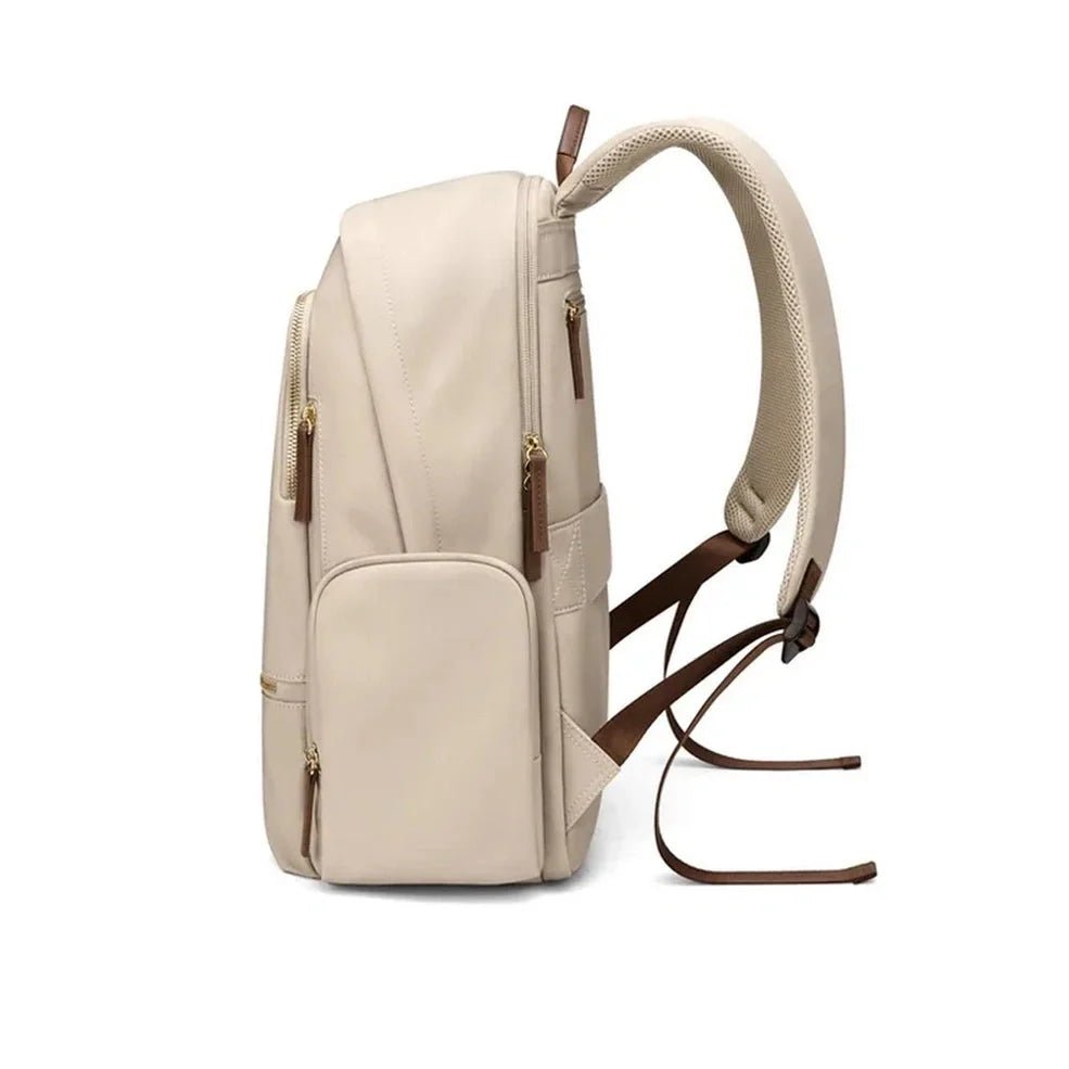Sac à dos étudiant femme beige clair avec bretelles marron et zips dorés
