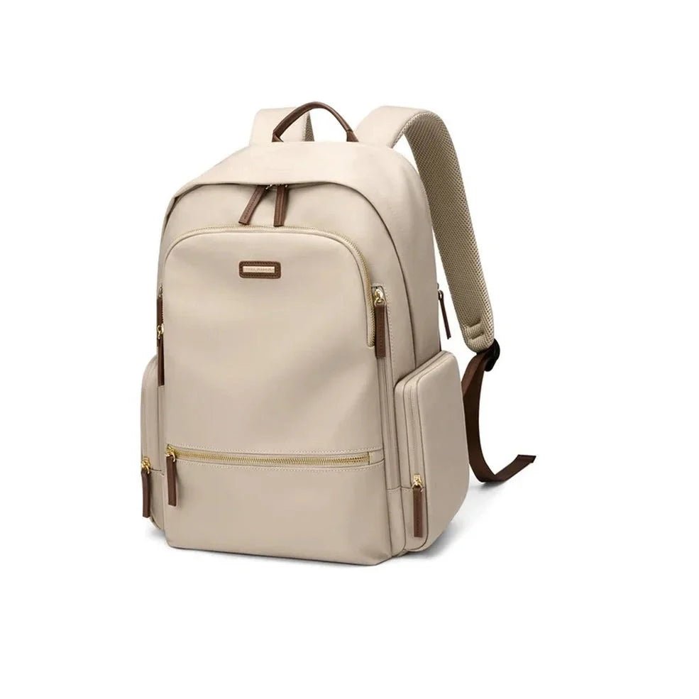 Sac à dos étudiant femme beige avec accents marron et plusieurs compartiments zippés