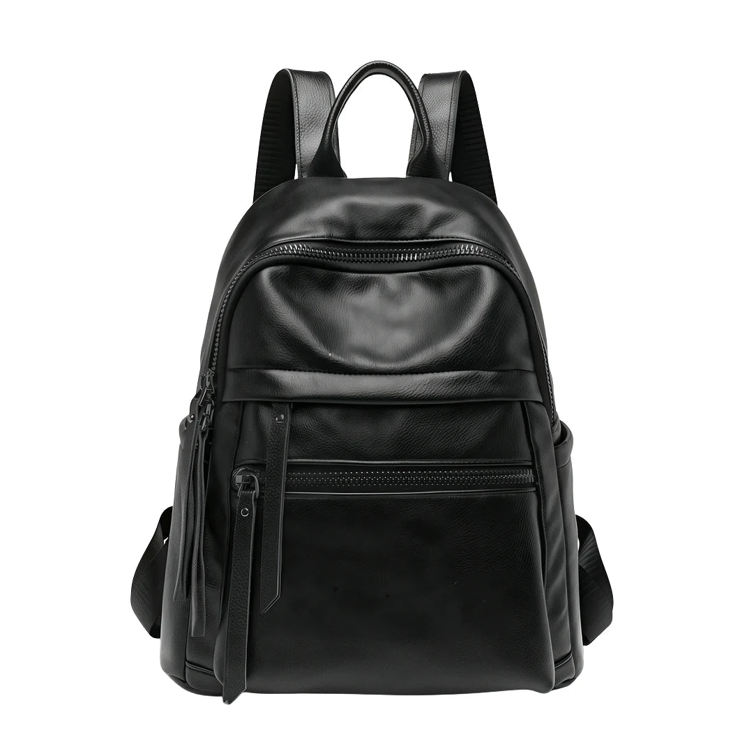 Sac à dos femme de ville en cuir noir avec compartiments zippés et bretelles ajustables