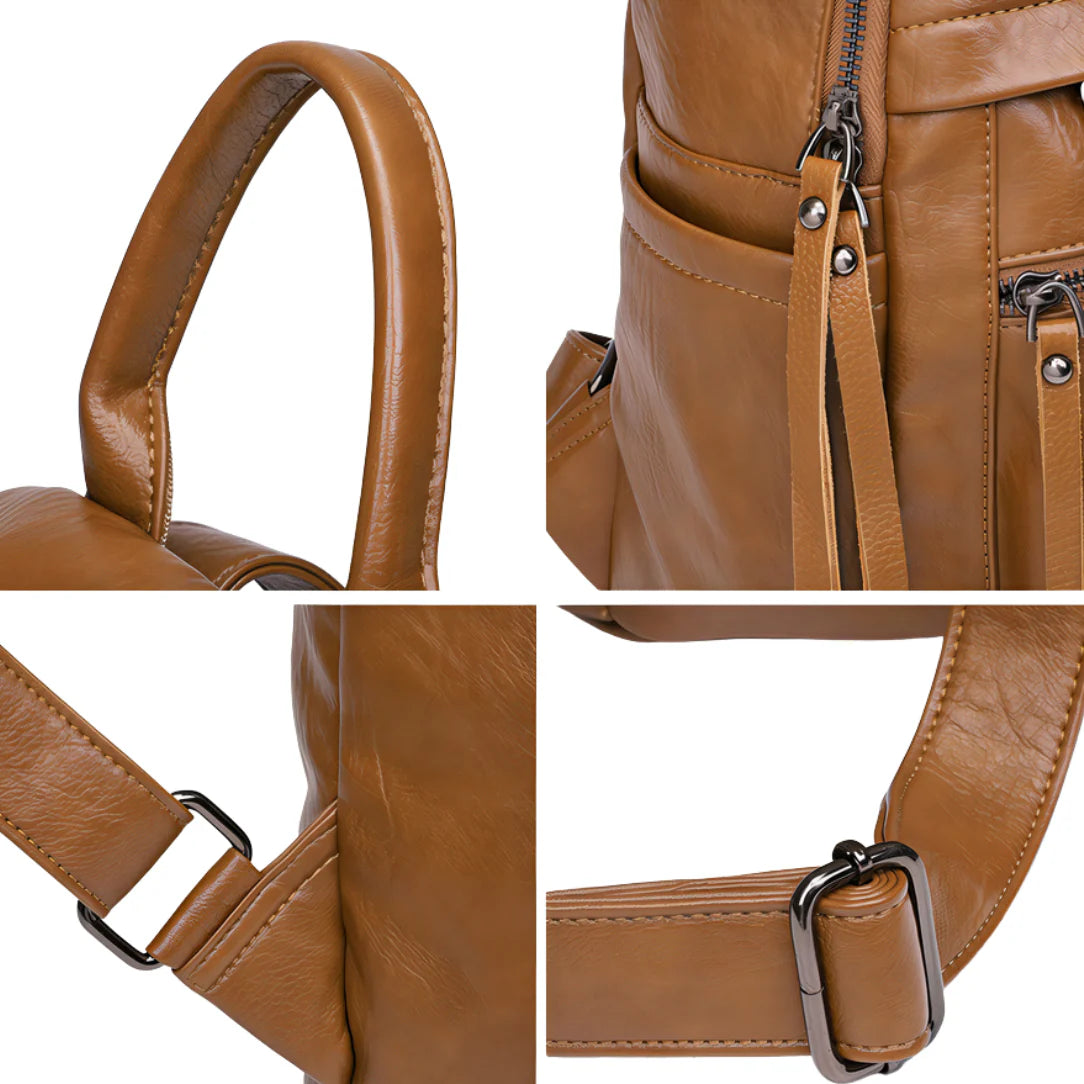 Sac à dos femme en cuir fauve avec poches zippées et sangle réglable