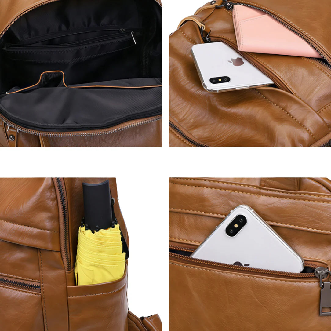 Sac à dos femme en cuir marron avec compartiments fermés et parapluie jaune