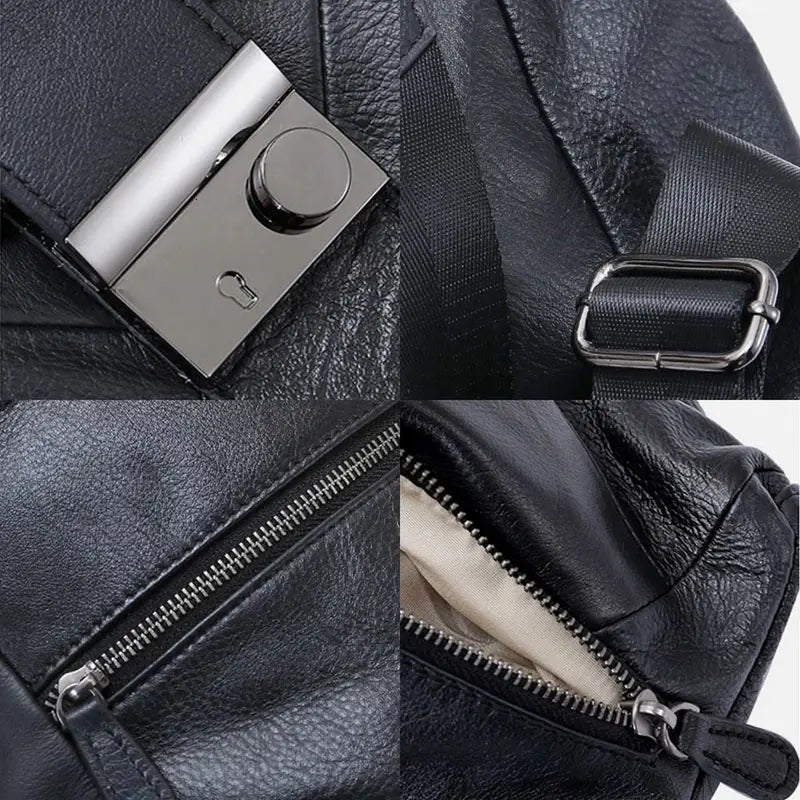 Détail en gros plan d’un sac à dos femme élégant en cuir noir avec accessoires en métal