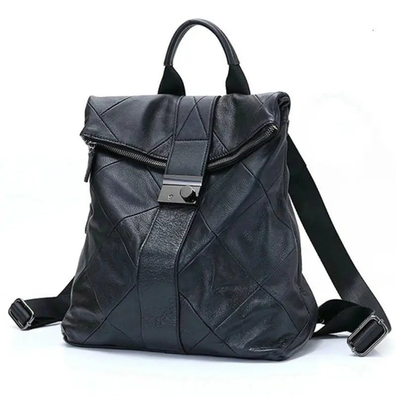 Sac à dos femme élégant en cuir en patchwork noir avec poignée et bretelles ajustables