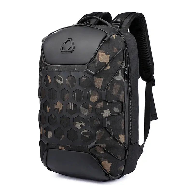 Sac à dos grande ouverture noir camouflage avec overlay en mesh hexagonal