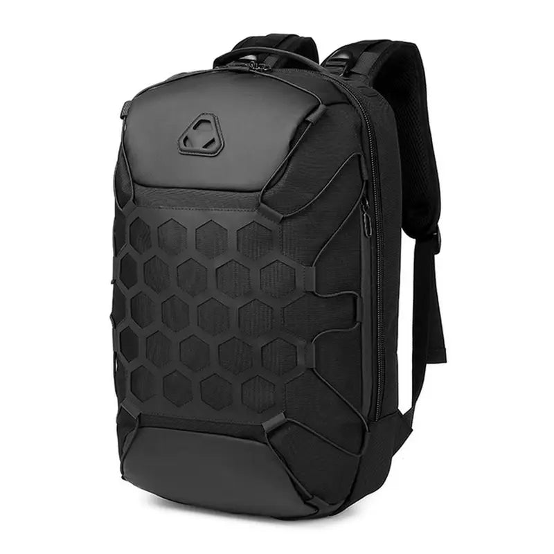 Sac à dos grande ouverture noir avec coque dure, panneau hexagonal et sangles de compression