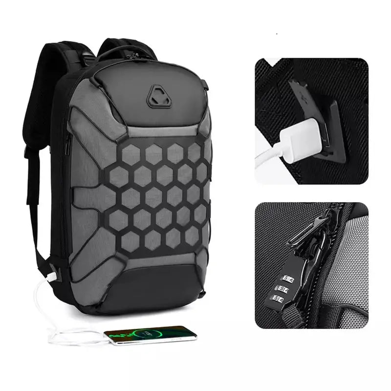Sac à dos grande ouverture noir et gris avec motif hexagonal, port USB et serrure intégrée