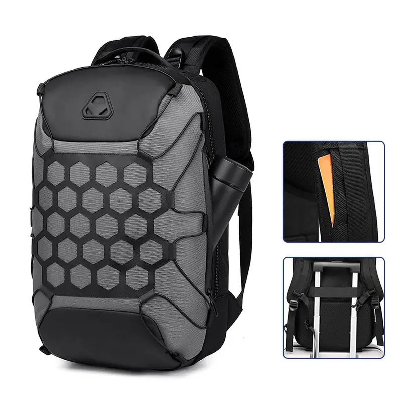 Sac à dos grande ouverture noir et gris avec motif hexagonal, plusieurs compartiments