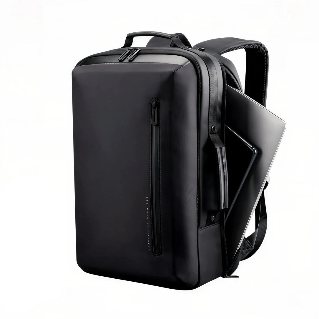 Sac à dos en cuir noir avec poche ordinateur et compartiments multiples
