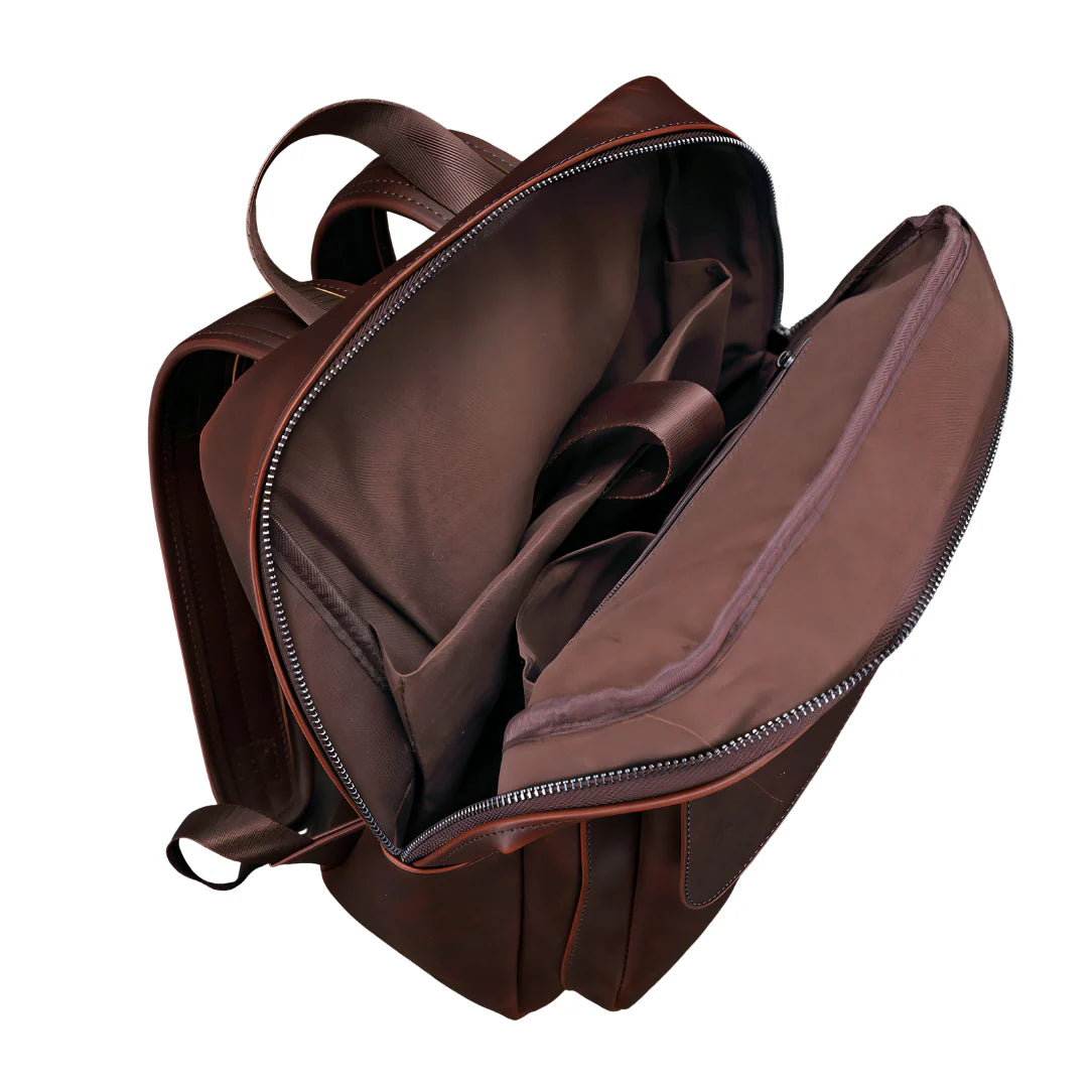 Sac à dos homme en cuir vintage brun avec compartiments zippés et sangles ajustables