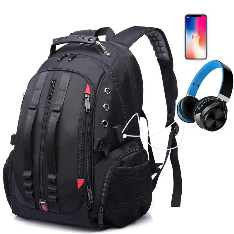 Sac à dos homme de ville noir avec compartiments, poignée, bandoulière, port USB et poche latérale en mesh
