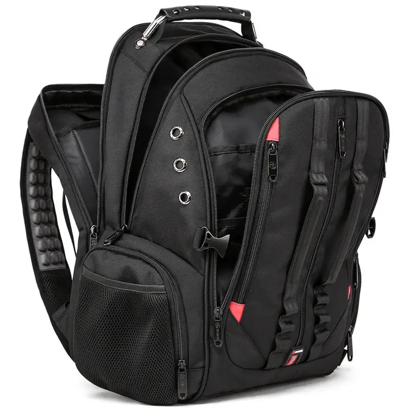 Sac à dos homme de ville noir et rouge multi-compartiments avec dos rembourré et poche latérale en mesh