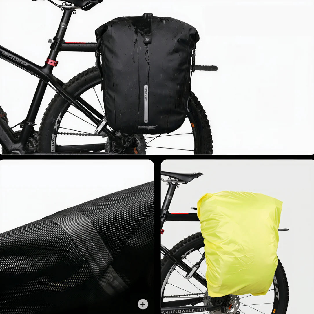 Sac à dos imperméable vélo noir avec panneaux latéraux en maille et bande réfléchissante sur la fermeture éclair avant