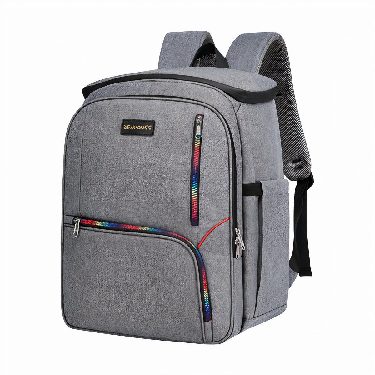 Sac à dos isotherme de picnic multipoches 25L en tissu gris avec zippers arc-en-ciel
