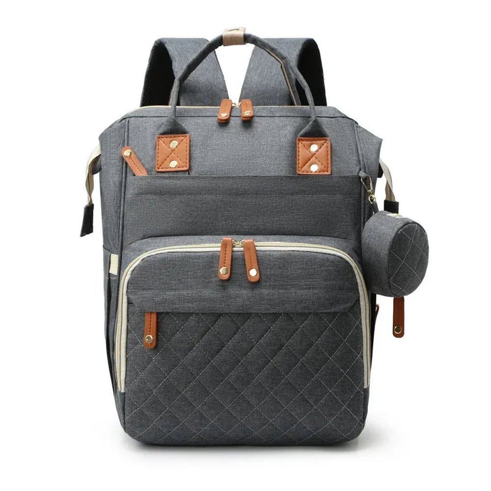 Sac à dos à langer 20L multipoches avec sac à langer gris matelassé et accents marron