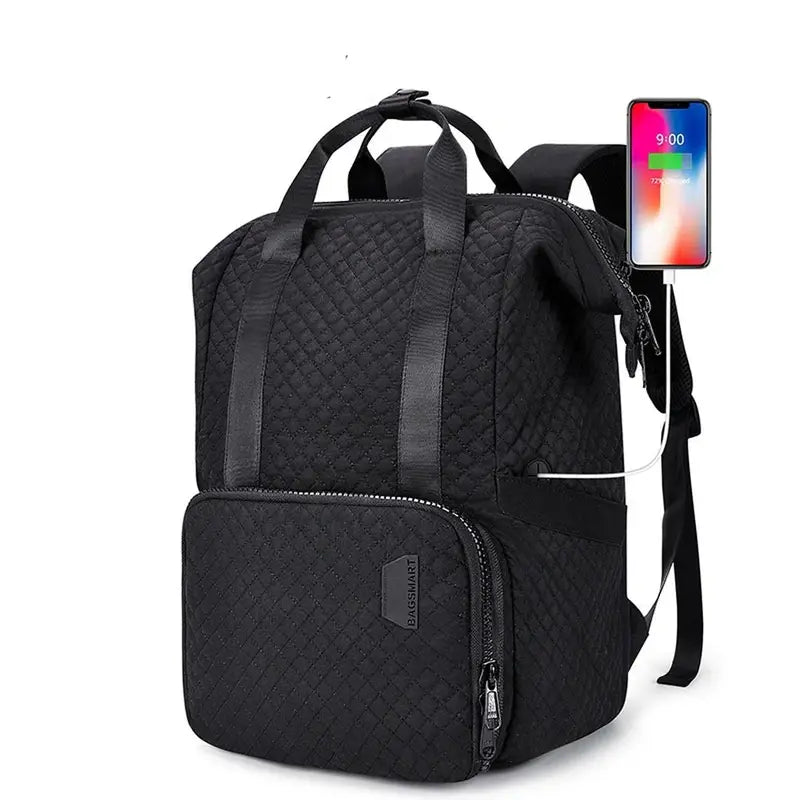 Sac à dos isotherme femme en quilting noir avec poignées supérieures et port USB externe