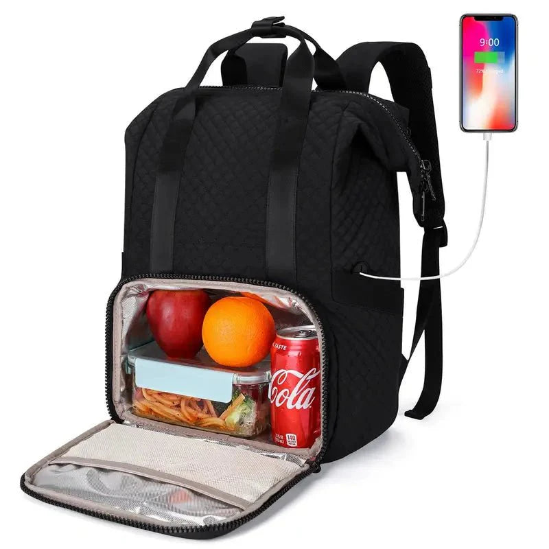 Sac à dos isotherme femme noir avec compartiment repas isolé et port USB externe